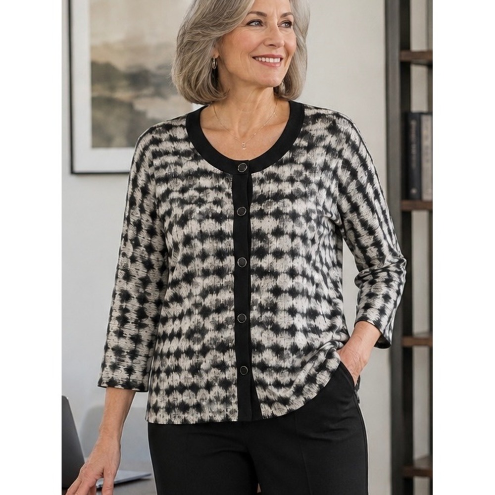 Alfani Black White Geometric Button Front Cardigan 2X Plus Size Office Knit